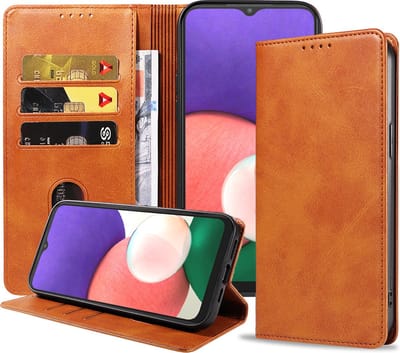 Smartphonica Samsung Galaxy A22 5G leren hoesje met magnetische sluiting en pashouders – Bruin geschikt voor Samsung Galaxy A22 5G