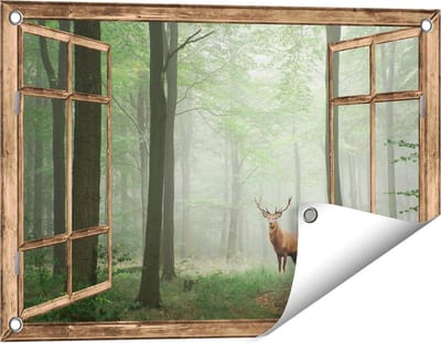 Gards Tuinposter Doorkijk Hert in Bos - 60x40 cm - Tuindoek - Tuindecoratie - Wanddecoratie buiten - Tuinschilderij