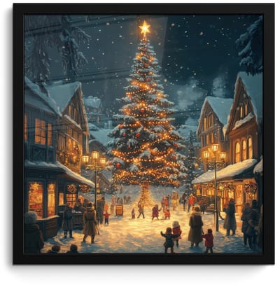 Poster in lijst - Fotolijst 40x40 cm - Posters - Kerstfeest - Dorp - Donker - Posterlijst zwart - Decoratie - Wanddecoratie woonkamer - Muurdecoratie slaapkamer - Kerstversiering - Kerstdecoratie voor binnen - Kerstmis