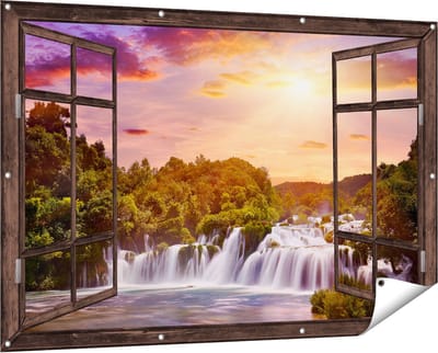Gards Tuinposter Doorkijk Watervallen in het Bos - 150x100 cm - Tuindoek - Tuindecoratie - Wanddecoratie buiten - Tuinschilderij