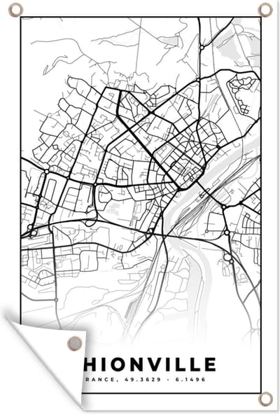 Muurdecoratie Frankrijk - Thionville - Plattegrond - Stadskaart - Kaart - Zwart wit - 120x180 cm - Tuinposter - Tuindoek