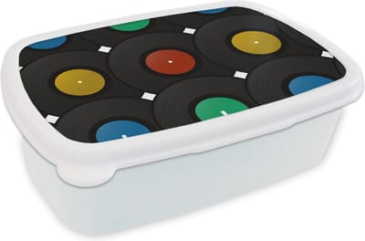Broodtrommel Wit - Lunchbox - Brooddoos - Platen - Muziek - Patronen - 18x12x6 cm - Volwassenen