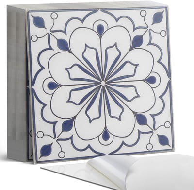 Coloray Plaktegels - Bloemenkeramiek patroon Zelfklevende Tegels - 20 cm x 20 cm - Blauw Plaktegels - 20 stuks - Vierkant PVC Tegels - Plaktegels Badkamer - Plaktegels Vloer - Vinyl Tegels Zelfklevend - Wandtegel Zelfklevend