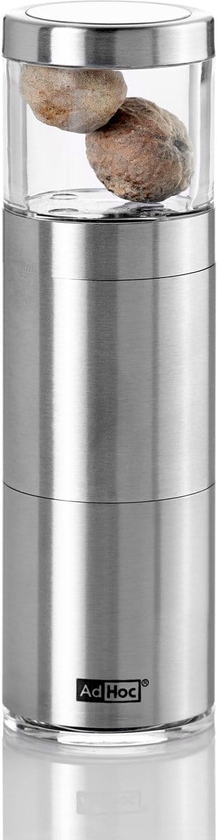 AdHoc Muskatino Nootmuskaatmolen – RVS & Acryl – Handmatig – PreciseCutDuo® Raspmechanisme – 12,5 cm