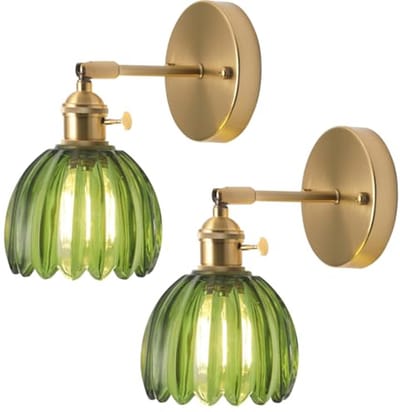 Wandlamp vintage stijl met schakelaar - Goudkleurig met groen glas voor badkamer en woonkamer - 2 stuks