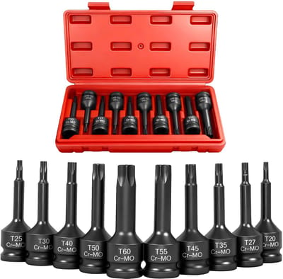 1/2 inch, 1/2 inch, 1/2 inch, kracht torx-bit-inzetstuk, slagmoerenset, T20, T25, T27, T30, T35, T40, T45, T50, T55, T60 voor schroevendraaierset