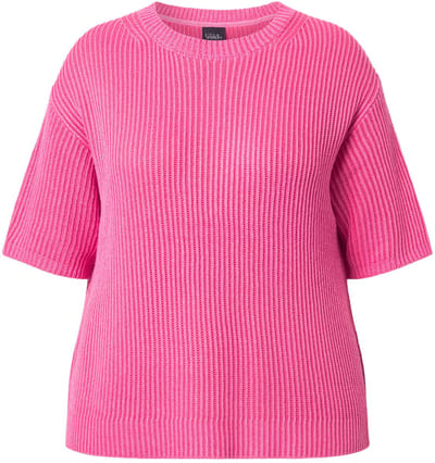 Ulla Popken - Dames - Gebreid shirt strepen ronde hals korte mouwen - Flamingo - Maat 54+