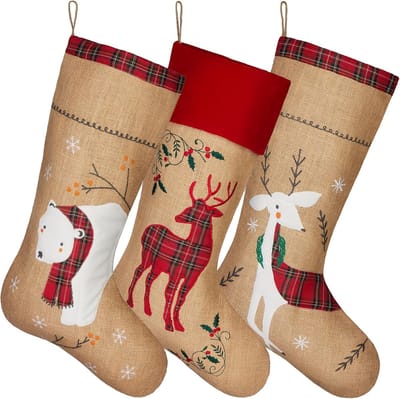 BRUBAKER Kerstkousen Set van 3 stuks - 52 cm - Kerstversiering - Kerstdecoratie - Christmas Stocking - Kerstsokken van Jute in Kerstdessins - Rendier en Ijsbeer