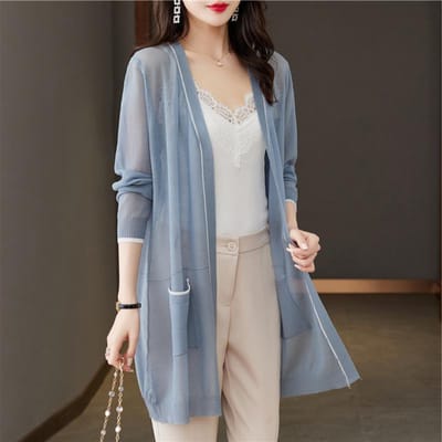 Grote losse gebreide cardigan voor dames, dunne zomerjas, zonwerende jas, lang shirt met airconditioning L blauw