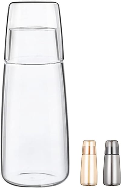 Elegante waterkaraf set met glazen beker en deksel voor slaapkamer, badkamer en keuken - 750ml transparant