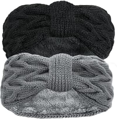 Famanu - Hoofdband voor dames, winter, 2 stuks, gebreid gevoerd met fleece, gebreide warme hoofdbanden, oorwarmers, haarband, verdikt, voor