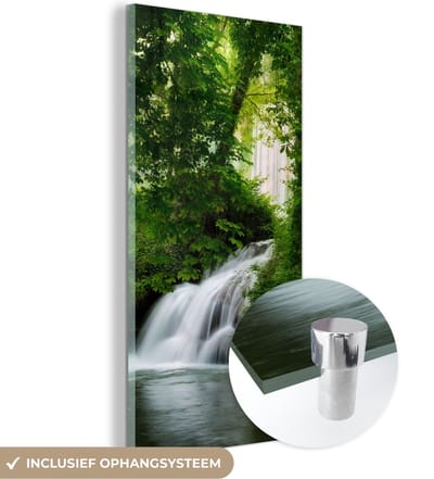 MuchoWow® Glasschilderij 20x40 cm - Schilderij acrylglas - Waterval - Natuur - Groen - Foto op glas - Schilderijen