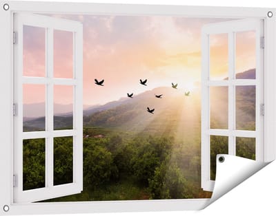 Gards Tuinposter Doorkijk Silhouet Zwerm Vogels bij Zonsondergang - 90x60 cm - Tuindoek - Tuindecoratie - Wanddecoratie buiten - Tuinschilderij
