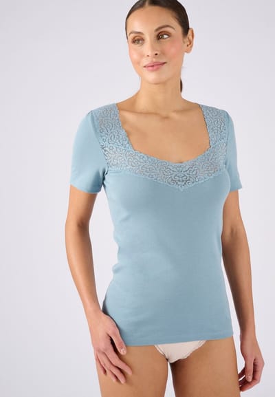 Damart - T-shirt met korte mouwen van tricot van zuiver katoen - Dames - Blauw - 34-36 (XS)