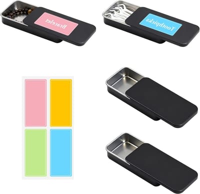 Set van 4 metalen opbergdozen, 95 x 55 x 18 mm, draagbare kleine doos voor wattenstaafjes, met deksel en labels, ideaal voor haar elastiekjes en tandenstokers