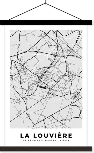 Posterhanger incl. Poster 40x60 cm - Schoolplaat - Stadskaart – Zwart Wit - Kaart – La Louvière – België – Plattegrond - Textielposter - Zwarte latten - Stadskaart