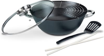 Professionele Multifunctionele Gietijzeren Wok met Glazen Deksel - 32 cm, 5-delig, 6,2 Liter