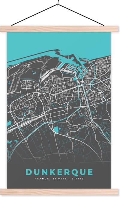 Posterhanger incl. Poster 40x60 cm - Schoolplaat - Frankrijk - Kaart - Dukerque - Stadskaart - Plattegrond - Textielposter - Blanke latten - Stadskaart