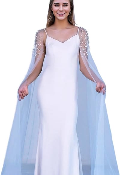 Afneembare tule capes met parelmouwen voor bruiloften, eindexamenbal en avondkleding, blauw