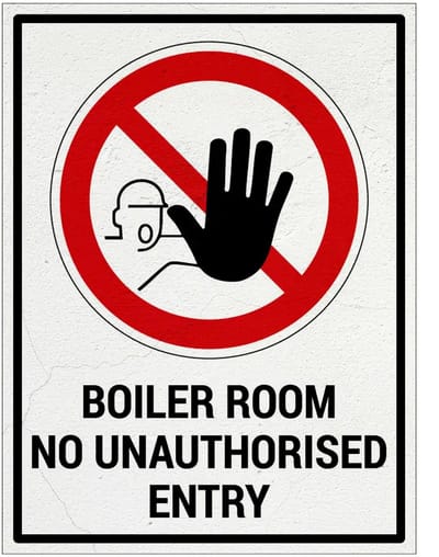 Boiler room no unauthorised entry bord met tekst | Sign Again materiaal | 28 x 21 cm