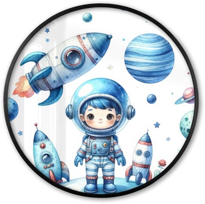 Poster in lijst Rond - Fotolijst 60x60 cm - Posters - Ruimte - Blauw - Astronaut - Raket - Planeten - Ronde posterlijst zwart - Decoratie - Wanddecoratie woonkamer - Muurdecoratie slaapkamer