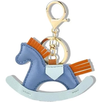 Porte-clés en cuir pour sac à main, motif cheval à bascule en bois, accessoire de sac mignon, cadeau 10.5x9cm bleu
