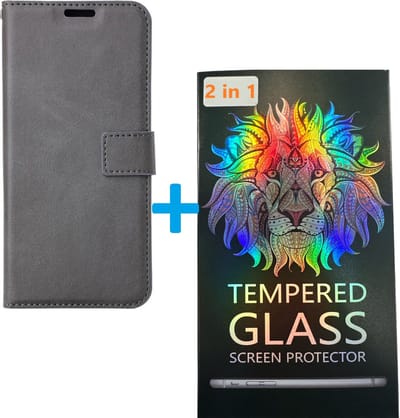 Portemonnee Book Case Hoesje + 2x Screenprotector Glas Geschikt voor: Oppo A72 - Grijs