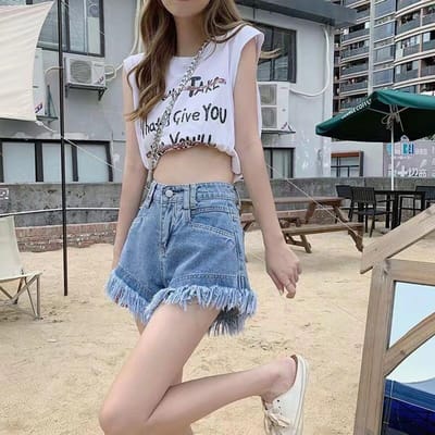 Broek met Kwastjes en Bontrand Denim Shorts Zomer Nieuwe Stijl Slim Hoge Taille Jeans voor Dames 2XL blauw