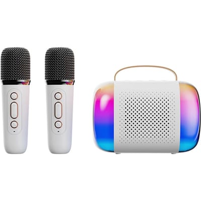 Mini Karaoke Machine Draadloze Microfoon en Speaker Set met 2 Microfoons Oplaadbare LED Kleur wit