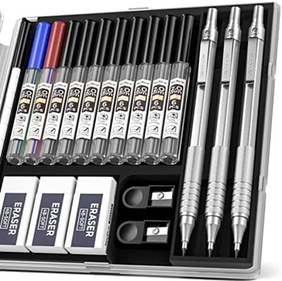 PromoHome Zilver Mechanische Potlood Set 2.0mm - 3 Metal Drafting Potloden met Opbergkoffer, 10 Buizen Grafiet Lood Refill (HB 2H 4H 2B 4B), Slijpers, Gummen voor Kunstenaars, Schrijven en Tekenen