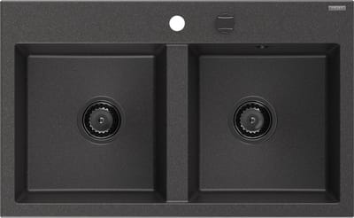 Mexen Hektor granieten spoelbak met 2 koen 800 x 480 , zwart gespikkeld, zwarte sifon - 6521802000-76-B