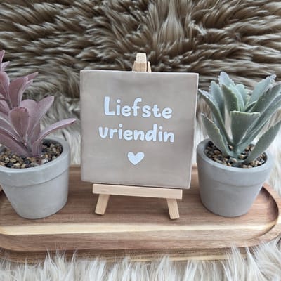 Robuust Wenstegeltje – Liefste vriendin – Hip trendy tegeltje – 10x10 cm – Wanddecoratie – Cadeau voor Nieuwe Woning, Housewarming of Gezinscadeau – Sfeervol en Persoonlijk - Vriend(in) – Trendy nu – Decoratief Tegeltje met Standaard – Cadeau Idee