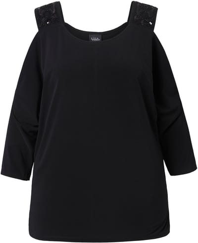 Ulla Popken - Dames - T-shirt comfortabele pasvorm cut-out bij de schouder - Zwart - Maat 46+