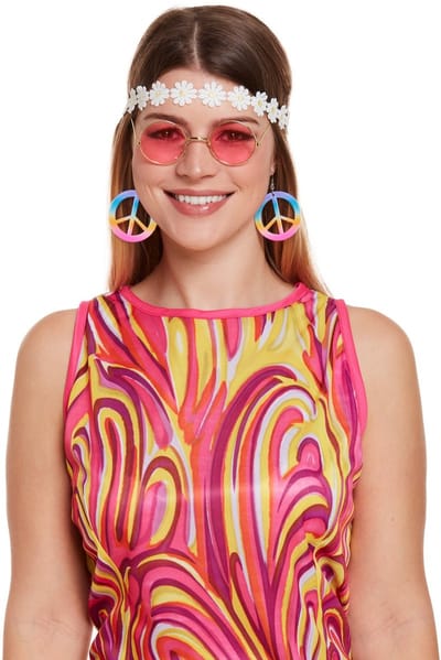 Henbrandt - 4-Delige Hippie Verkleedaccessoires Set - Voor Dames met Bloemenhoofdband, Roze Bril en Oorbellen - Power Flower Feest - Verkleedaccessoires - Ideaal voor Carnaval en Themafeestjes