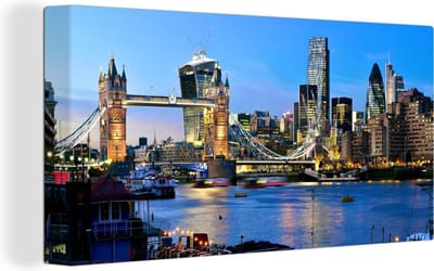 Grote wanddecoratie - Skyline en tower bridge in Londen Canvas - 200x100 cm - XXL decoratie