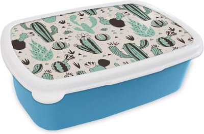 Broodtrommel Blauw - Lunchbox - Brooddoos - Cactus - Patroon - Bloemen - 18x12x6 cm - Kinderen - Jongen