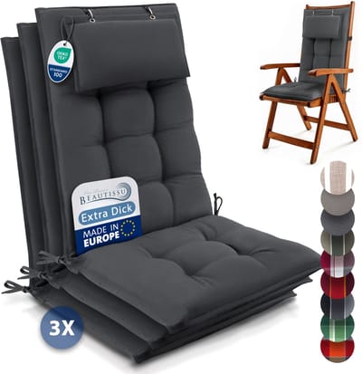 Beautissu Sun-HL - Set van 3 Premium Hoge Rugleuning Kussen met Hoofdkussen 120x50 cm – UV-bestendig & 8cm Dik Kussen Tuinstoelkussen Antislip Bevestigingsbanden – Stevige Stof Antraciet
