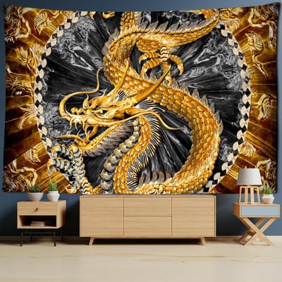 Gouden Loong Draak Totem Wandtapijt Cartoon Kasteel Muurhanger Kamer Tapijt Sprei Strandmat Tapis Woondecoratie Wandtapijten Kunst 95x70CM
