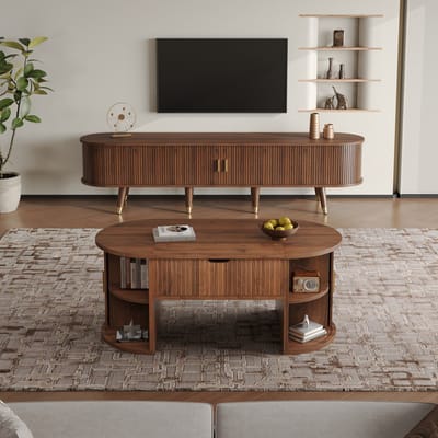 Woonkamerset - 2-delig - Salontafel en TV-Meubel met Schuifdeuren - Hout - Naturel