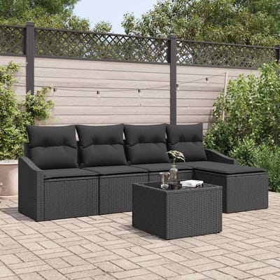 vidaXL Bankstel met kussen met opslag 6 pcs Zwart poly rattan