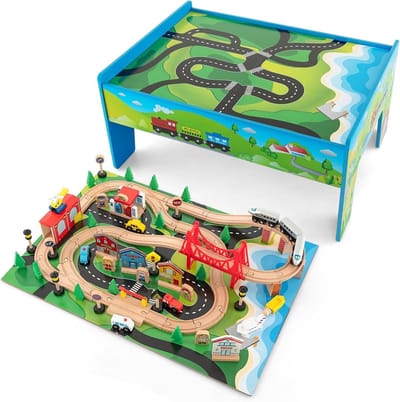 Houten Speeltafel - Treinbaan Tafel - Kinderspel - 80-delige Accessoires - 825 x 60 x 40 cm - Multicolor