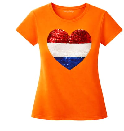 Starry Indigo - Oranje shirt Dames Slim fit T-shirt Nederlandse vlag met Hart magic sequence | koningsdag kleding| Holland | EK-WK-Olympische Spelen | Oranje | maat XS/170