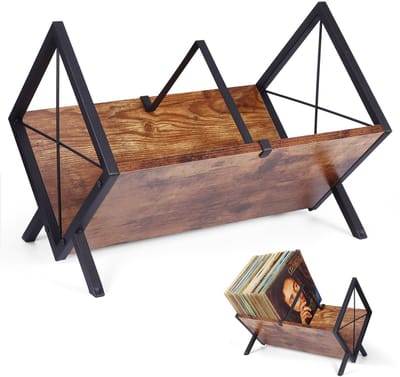 Lemlit LP Platenrek 40 x 22 x 30 cm - Vinyl Platenhouder met Verstelbare Verdelers - Opbergstandaard voor LP’s CD’s en Tijdschriften - Bruin Zwart