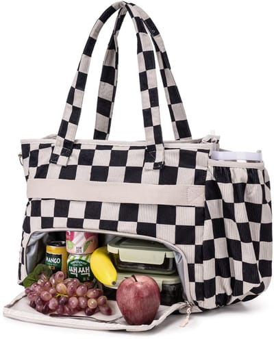 Werktas Voor Dames met Geïsoleerd Lunchvak, 12 Vakken, Grote Corduroy Shopper, 15,6 inch Laptoptas, Multifunctionele Tas Voor Werk, School en Reizen