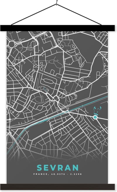 Posterhanger incl. Poster 40x60 cm - Schoolplaat - Sevran - Frankrijk - Plattegrond - Kaart - Stadskaart - Textielposter - Zwarte latten - Stadskaart