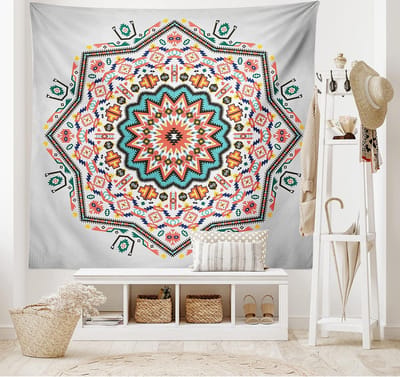 ABAKUHAUS Tribaal Tapijt, Abstracte Zon Azteekse stijl, Woonkamer Slaapkamer Wanddoek Zijdezacht Satijn Wandtapijt, 200 x 150 cm, Turquoise en Koraal