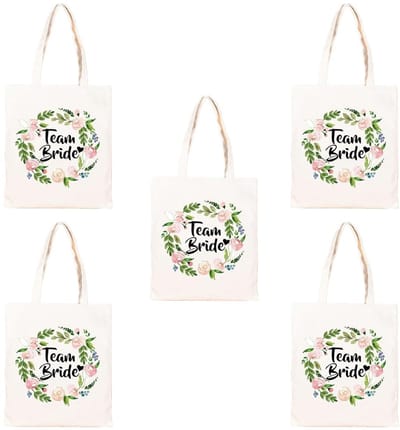 Team Bride Floral Tote Bag 5PK - Duurzame Bruidsaccessoires - 100% Katoen, Wit, 26x33cm
