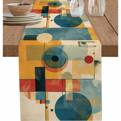 Vintage Olieverf Abstracte Kunst Linnen Tafel Runner Blauw Geel Geometrisch Commode Sjaal Tafel Decoratie Bruiloft Eetfeest Decoratie 150x33cm