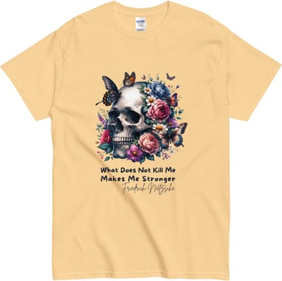 Dames en Heren T Shirt - Nietzsche Quote - Schedel en Bloemen - Geel - XL