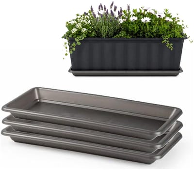 Plasticforte Plantenbak water onder opvangschaal - 3x - antraciet - rechthoek - 39 x 18 cm - Bloembakken